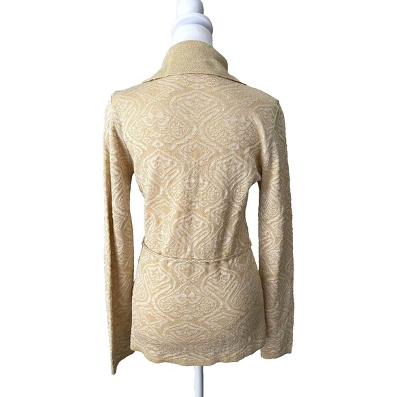 Vintage Y2K Gold Metallic Knit Top S Jacquard Cowl Neck Tie Belt 70s 90s Elegant - Picture 7 of 15
